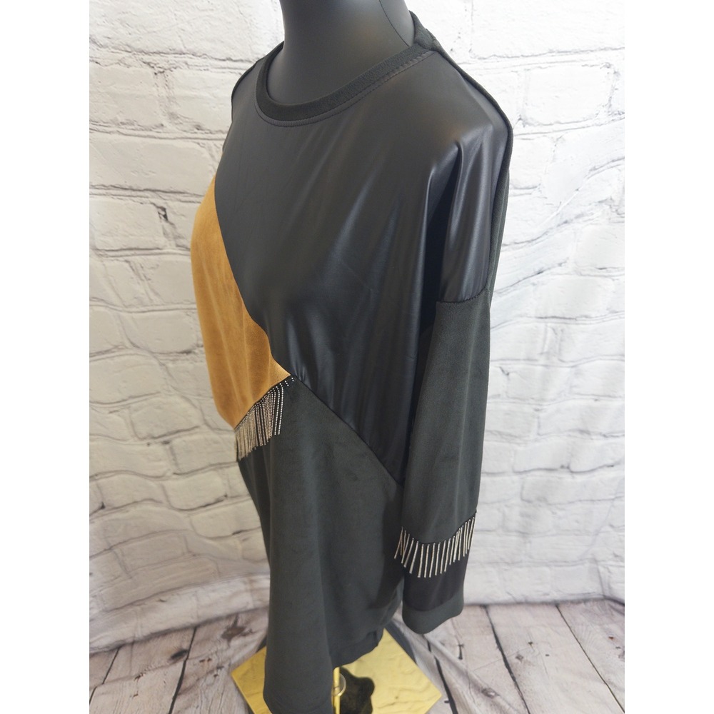 Destina Tunic Dress‎ Womens XL Black Brown Colorblock Fringe Faux Leather - Picture 7 of 11